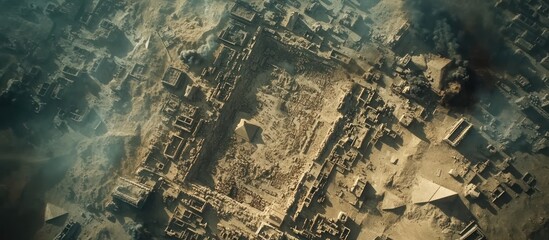 Aerial Pyramid Ruins, Smoke, Desert