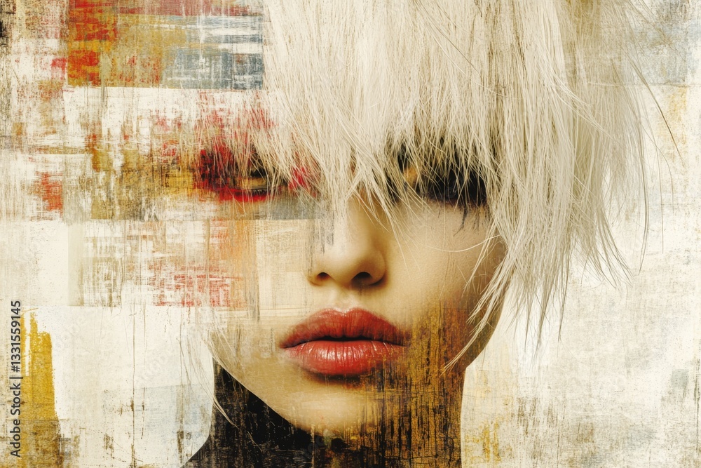 Poster artistic portrait showcasing a model with unique hair and layered textures in a modern abstract styl