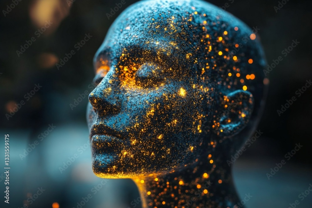 Poster glowing face sculpture surrounded by shimmering particles in an artistic display at nighttime