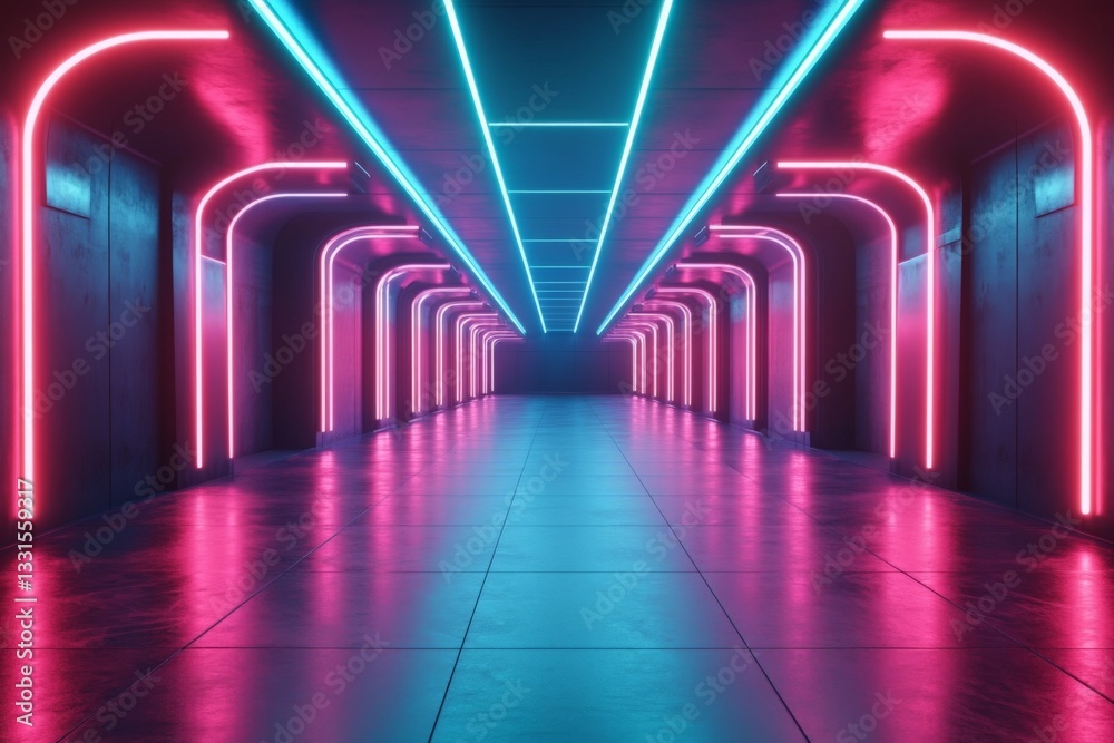 Poster Vibrant neon-lit corridor with arches creating a futuristic atmosphere in a darkened environment