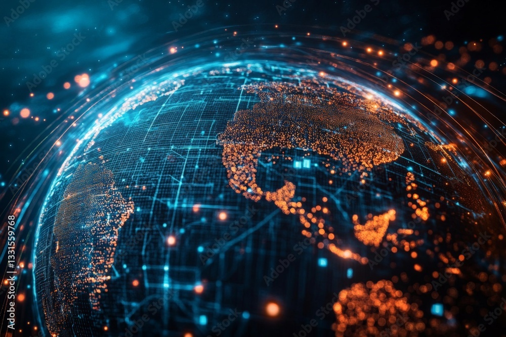 Fototapete Visual representation of a digital world map showcasing interconnected global networks and illuminated cities at night