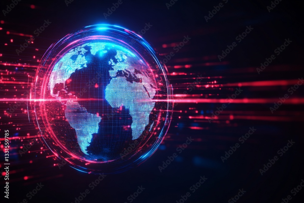 Poster Digital representation of Earth with glowing continents and dynamic light trails illustrating global connectivity