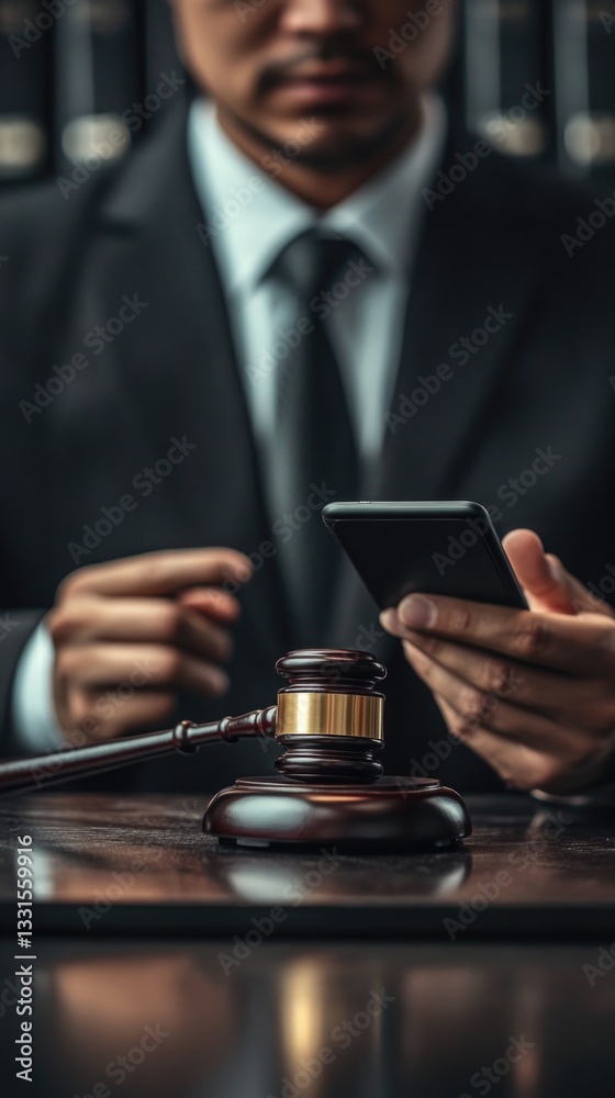 Poster a businessman holds a cell phone and a judge's gavel, ready for a meeting or negotiation