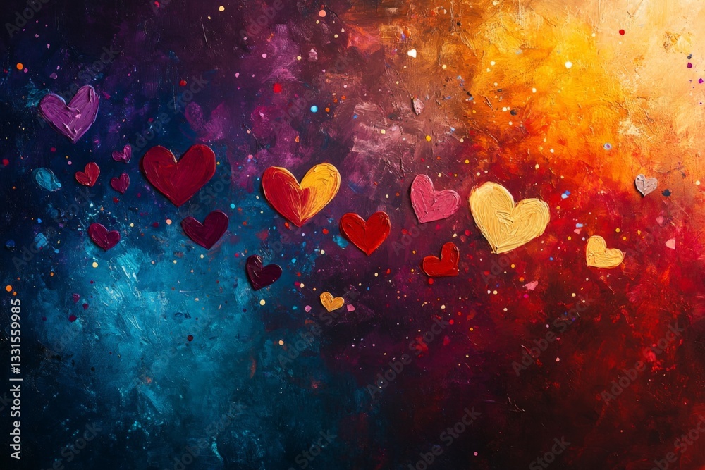 Poster colorful hearts floating in an abstract artistic background featuring vibrant blues and warm oranges