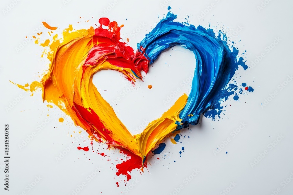Poster vibrant heart shape created with colorful paint splashes on a white background during a creative art