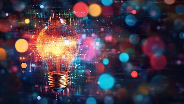  Vibrant light bulb surrounded by digital symbols and colorful bokeh lights, representing technology innovation, blurred background with abstract shapes, creative thinking, business ideas.
