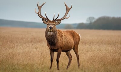Majestic Red Deer Stag Standing Proudly in a Golden Field Landscape