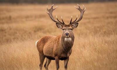 Fototapeta premium Majestic Stag Standing Tall in Golden Meadow, Capturing the Essence of Wildlife Beauty