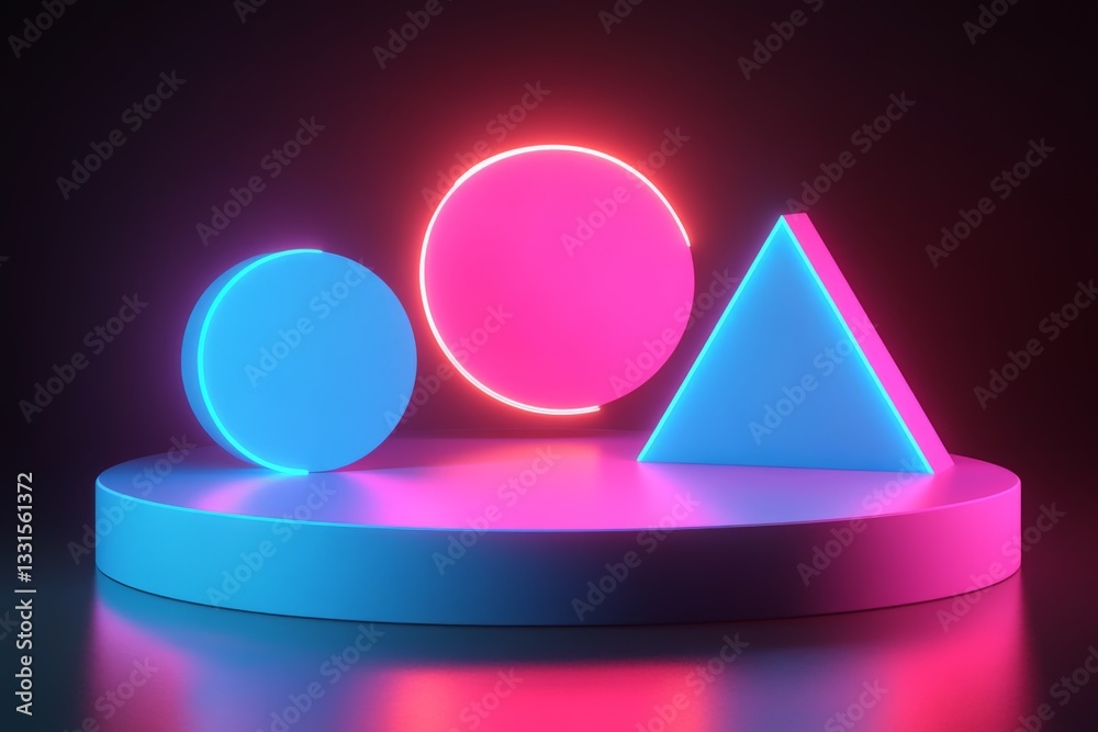 Aufkleber Colorful geometric shapes illuminated with neon lights on a dark background create a striking visual display