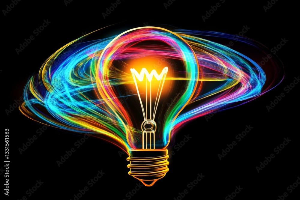 Poster Colorful light bulb surrounded by vibrant swirling patterns showcasing creativity and innovation in design