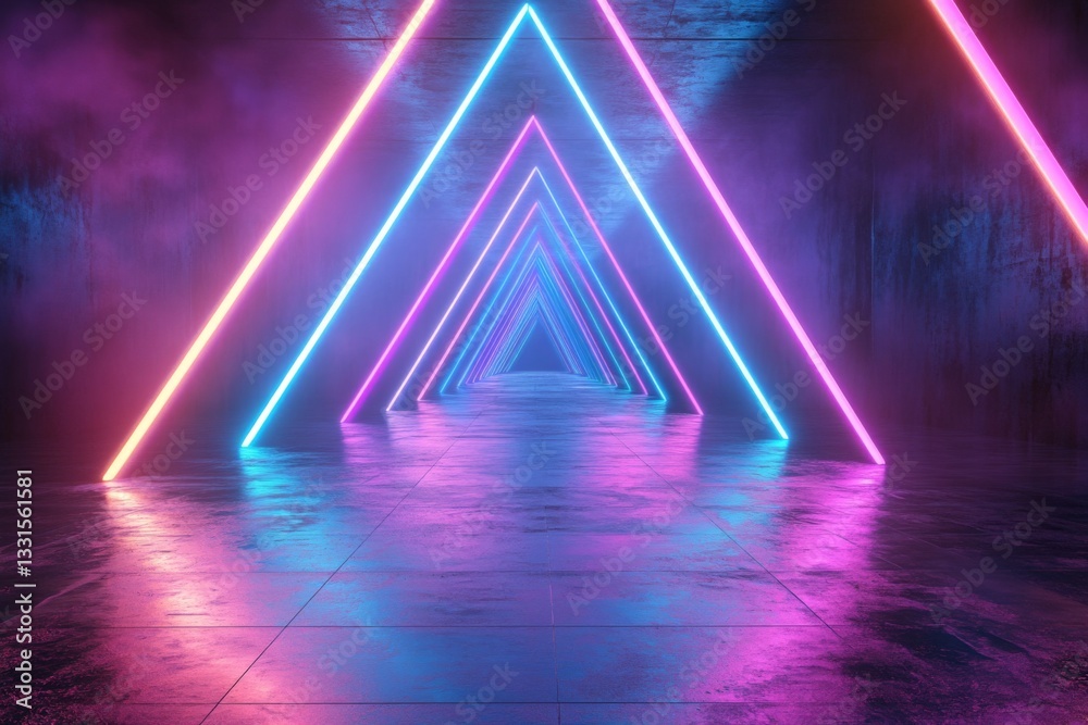 Aufkleber Vibrant neon triangles illuminate a reflective pathway in a futuristic setting with colorful lights at night