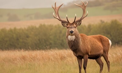 Fototapeta premium Majestic Red Deer Stag Standing Proudly in a Golden Meadow at Dusk