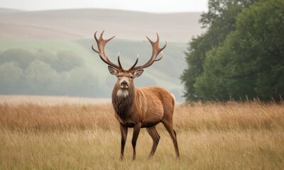 Fototapeta premium Majestic Red Deer Stag Standing Proudly in a Golden Meadow during Autumn