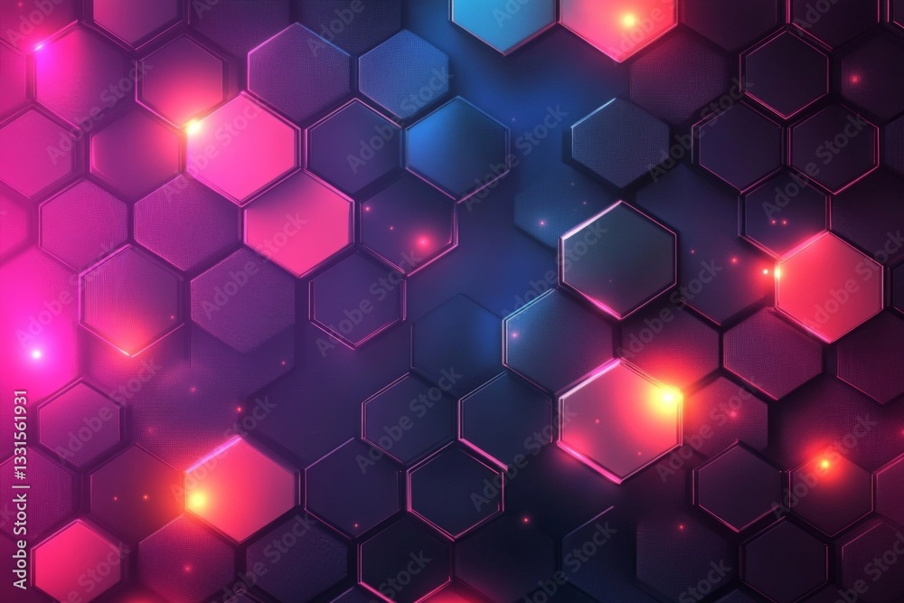 Poster Bright hexagonal patterns with vibrant colors illuminating a digital background at night