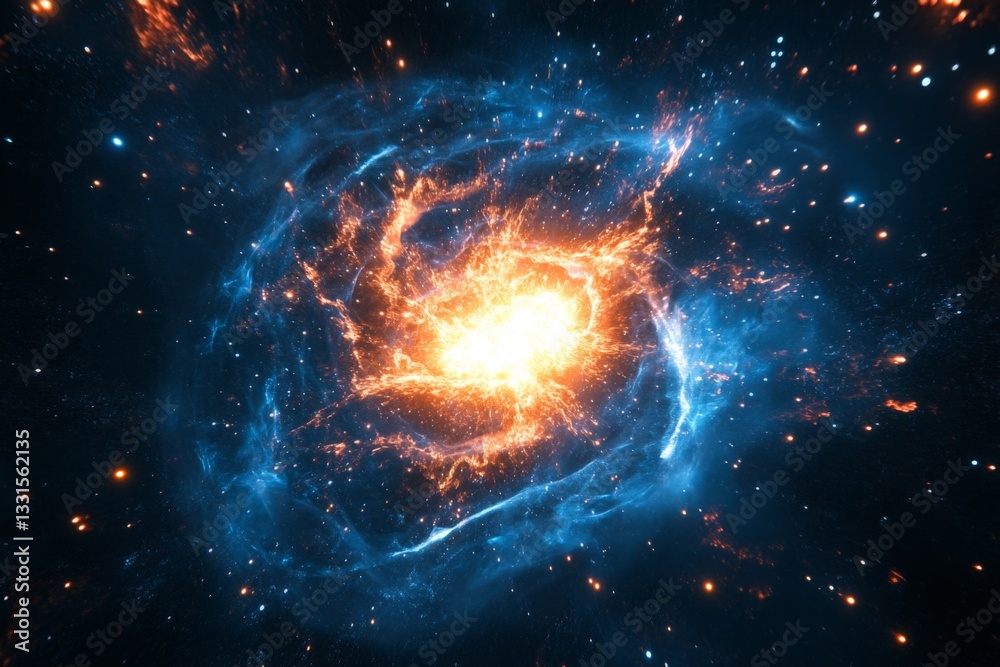 Poster exploring the vibrant colors of a galaxy's formation amidst the cosmic wonders in deep space