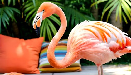 Obraz premium A close-up shot of a flamingo standing on a concrete surface with lush tropical greenery and foliage behind it.