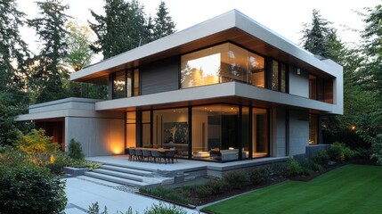 Fototapeta premium This stunning modern minimalist home features expansive glass facades and a clean geometric shape, beautifully illuminated at twilight. Surrounded by lush trees, it offers a serene retreat