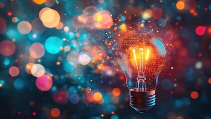  Vibrant light bulb surrounded by digital symbols and colorful bokeh lights, representing technology innovation, blurred background with abstract shapes, creative thinking, business ideas.