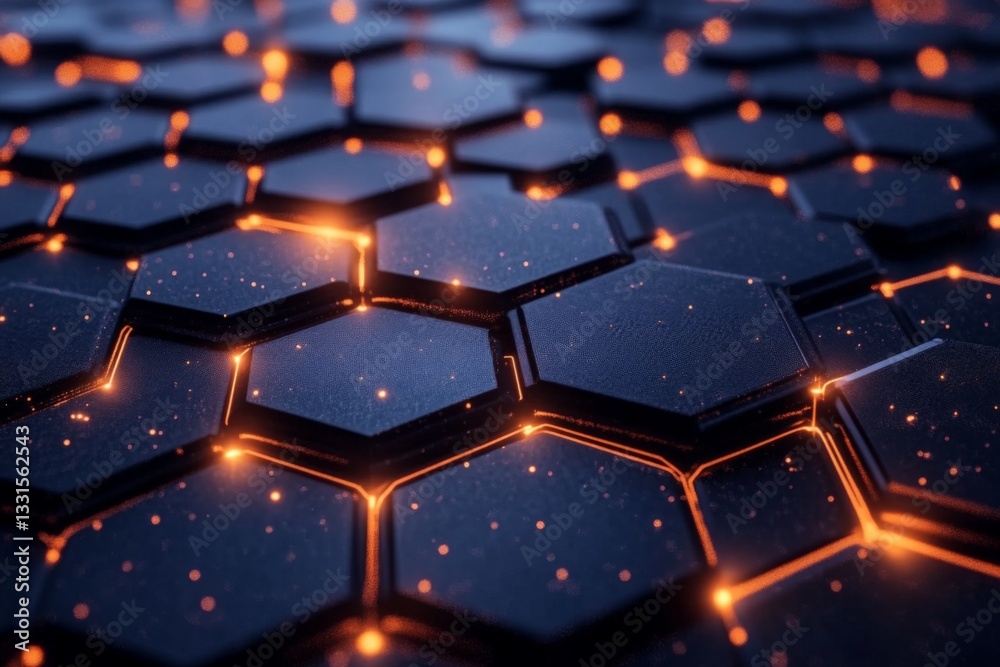 Aufkleber Geometric hexagonal pattern with glowing orange lines on a dark textured surface