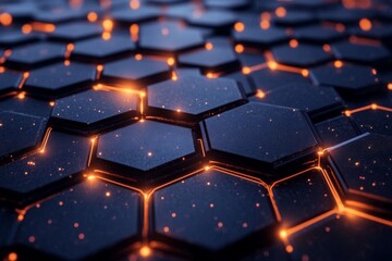 Obraz premium Geometric hexagonal pattern with glowing orange lines on a dark textured surface