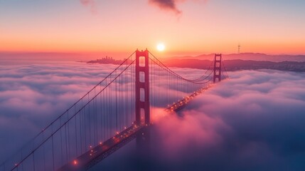 Fototapeta premium Golden gate bridge sunset over fog san francisco aerial photography cityscape dramatic view scenic beauty
