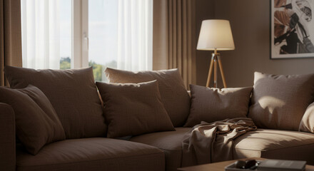 Cozy living room with soft pastel decor and natural light