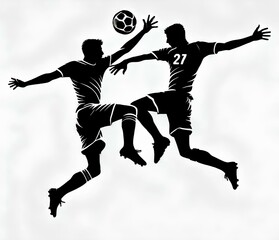 Obraz premium Leaping into the Sky: Two Soccer Players in Silhouette Going for the Ball