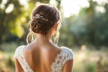 Bride with low bun hairstyle, smiling in a radiant white gown. Bouquet of red roses in hand, standing against a lush garden backdrop, bathed in golden sunlight.