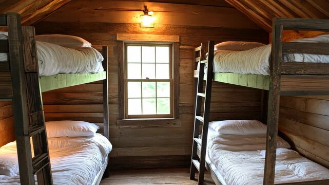Cozy bunkhouse interior with wooden walls and natural light for group camping experiences in a serene setting