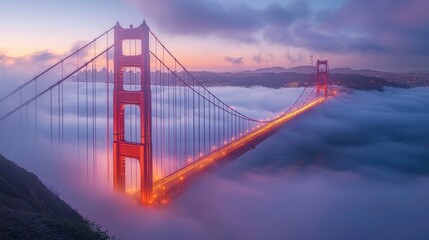 Fototapeta premium Golden gate bridge illuminated by fog at sunrise san francisco landscape photography serene environment aerial view