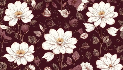 Elegant Vintage Floral Pattern with White Flowers on Dark Background

