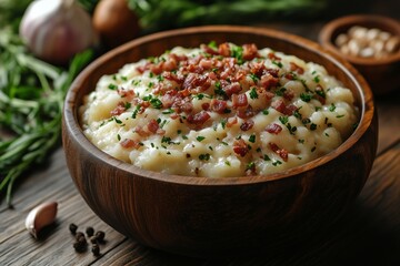 Slovak bryndzov&eacute; halu&scaron;ky , potato dumplings with sheep cheese, topped with crispy bacon, served in a traditional wooden bowl, surrounded by fresh ingredients and natural light