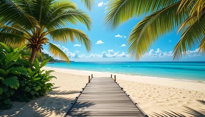 Tropical Beach Walkway with Palm Trees and Clear Blue Ocean

