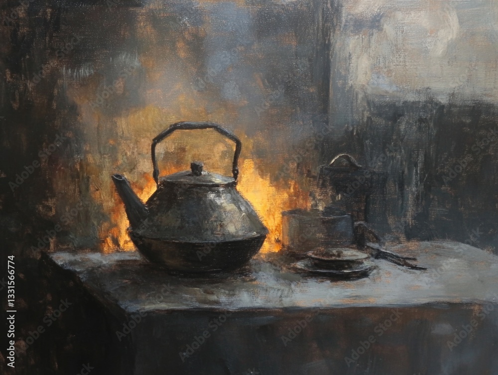 Poster a still life composition featuring a kettle and plate on a table