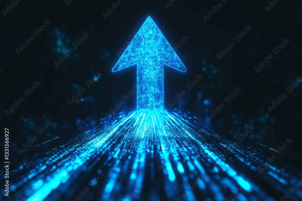 Aufkleber Futuristic blue arrow representing progress with flowing digital data streams in a dark atmosphere