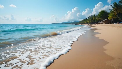 Tropical Beach with Golden Sand and Palm Trees Under a Blue Sky

