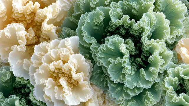 Intricate details of vibrant green and cream rosette corals showcasing natural beauty in an underwater habitat