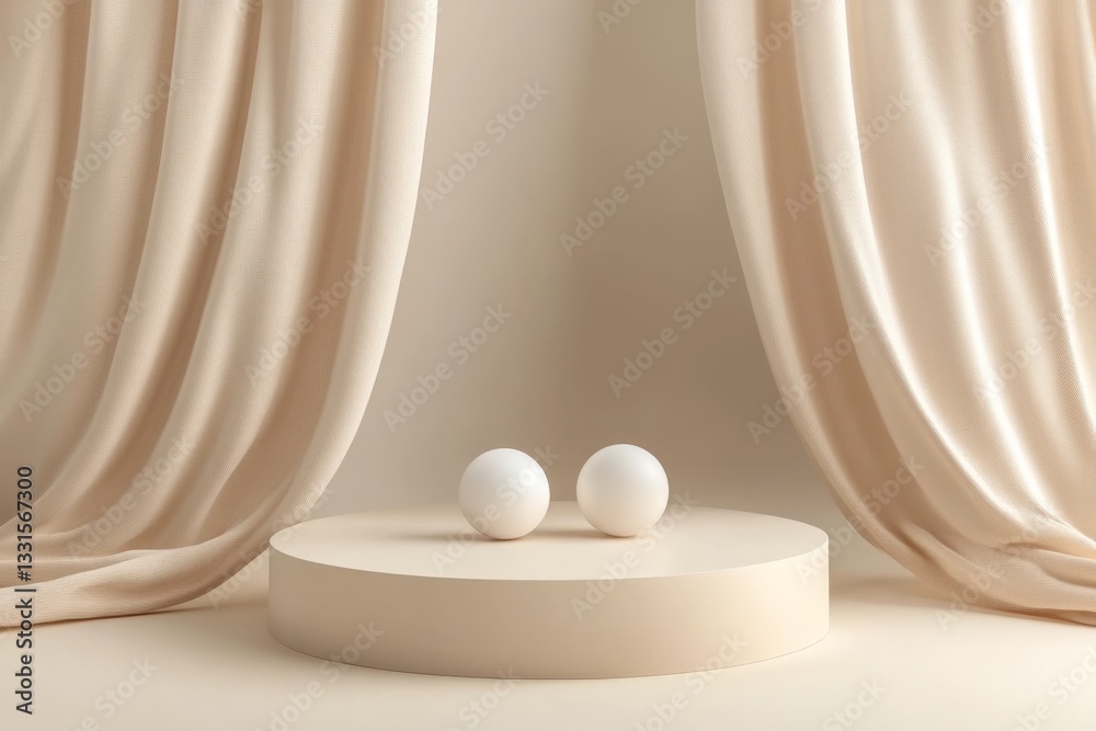 Poster Minimalist display of two white spheres on a beige pedestal surrounded by soft draped curtains indoors