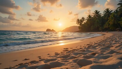 Tropical Beach Sunset with Palm Trees and Ocean Waves

