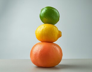 a visually appealing stack of three colorful citrus fruits against a soft gray background this image can be used for food related content nutrition articles or vibrant lifestyle promotions