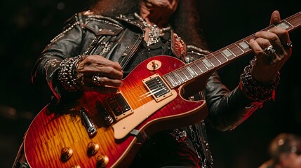Obraz premium Detailed Close-Up of Musician Playing Electric Guitar on Stage
