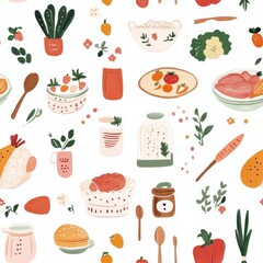 Seamless pattern featuring chicken, vegetables, rice, and a plate for a vibrant culinary design.