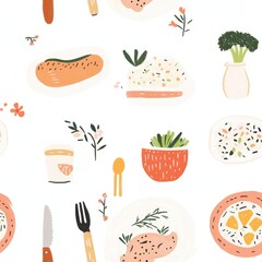 Seamless pattern of chicken rice and broccoli served on a vibrant plate, perfect for food-themed designs.