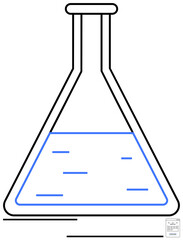 Laboratory flask filled with blue liquid lines representing measured substance. Ideal for science, experimentation, chemistry, innovation, education, research, and analysis concepts. Flat simple