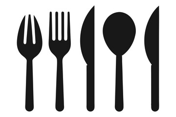 Minimalist black silhouette vector illustration of a fork, knife, and spoon arranged in a row. Ideal for restaurant logos, menu designs, kitchen-related branding, and food industry graphics.
