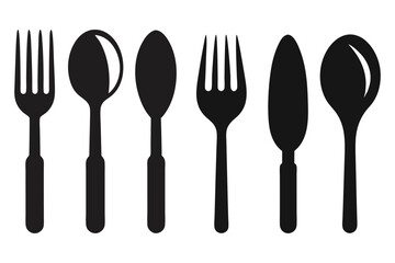 Minimalist black silhouette vector illustration of a fork, knife, and spoon arranged in a row. Ideal for restaurant logos, menu designs, kitchen-related branding, and food industry graphics.