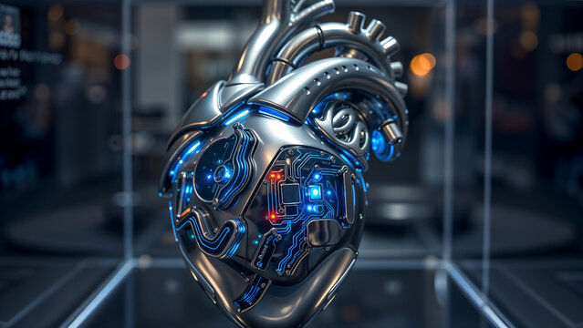 A futuristic cybernetic heart with intricate circuitry,high-tech prosthetic,cardiac innovation,symbolizing advanced medical technology,artificial heart,futuristic organ and bioengineering innovation