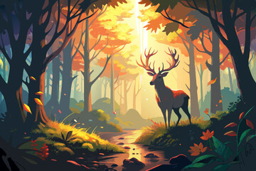 Watercolor Autumn Forest with Majestic Stag and Wildlife