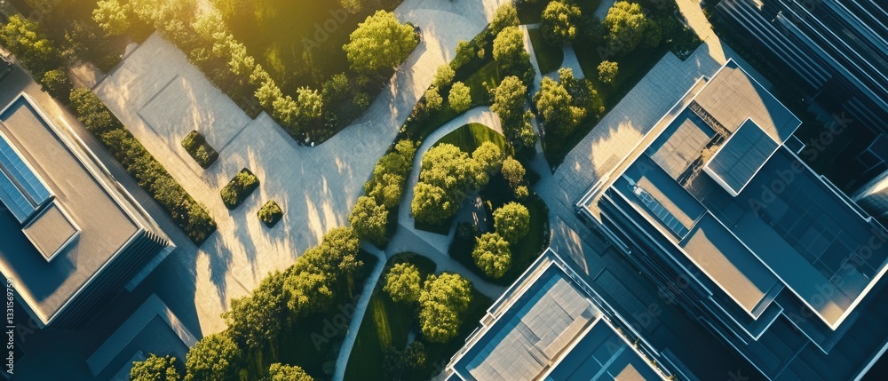 Poster an aerial view of a city with trees and buildings