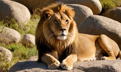Majestic lion resting peacefully on rocks with a watchful gaze